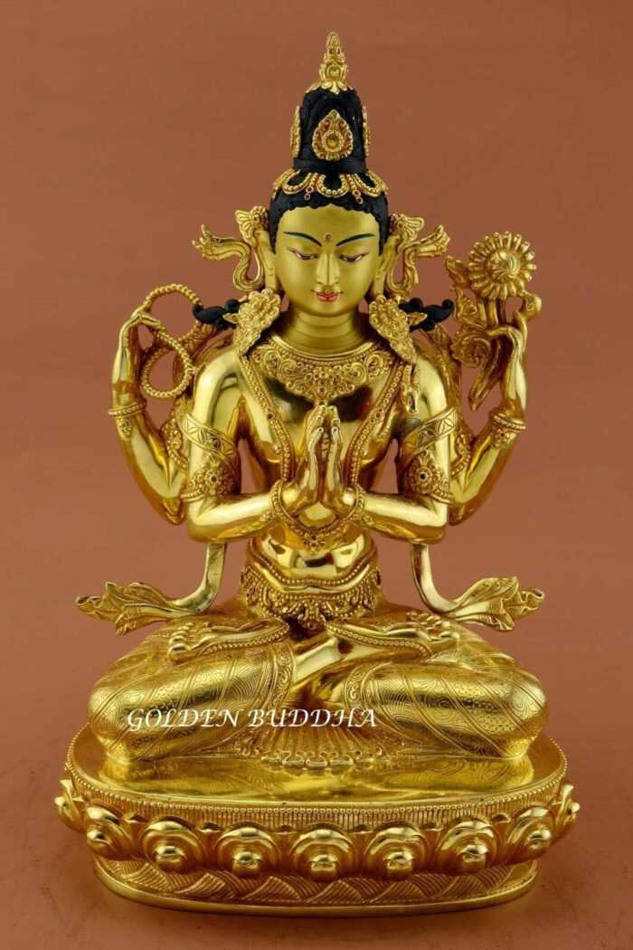 Fully Gold Gilded 14" Tibetan Avalokiteshvara Statue, Fine Hand Carved Details - Gallery