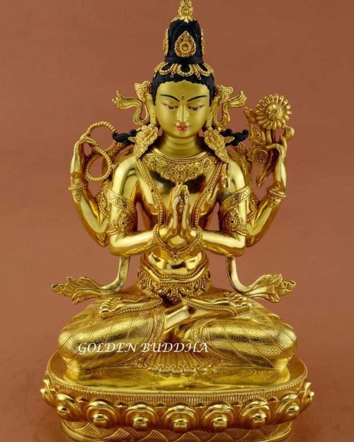 Fully Gold Gilded 14" Tibetan Avalokiteshvara Statue, Fine Hand Carved Details - Gallery