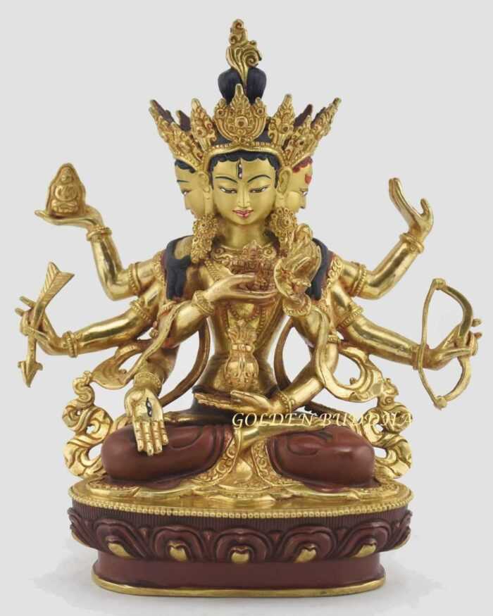 Gold Gilded 9.25" Usnisavijaya Sculpture, Gold Painted Face, Finely Hand Carved Details - Gallery