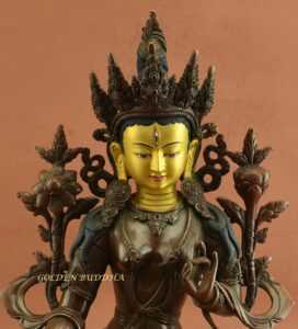 Oxidized Copper 15.5" Beautiful Dolkar Sculpture, Gold Face Painted, Fine Hand Carved Details - Face Details