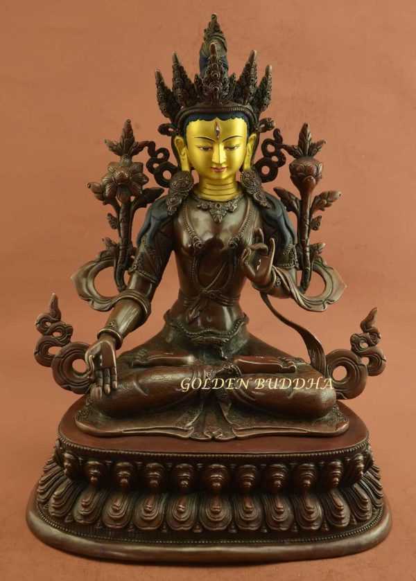Oxidized Copper 15.5" Beautiful Dolkar Sculpture, Gold Face Painted, Fine Hand Carved Details - Gallery