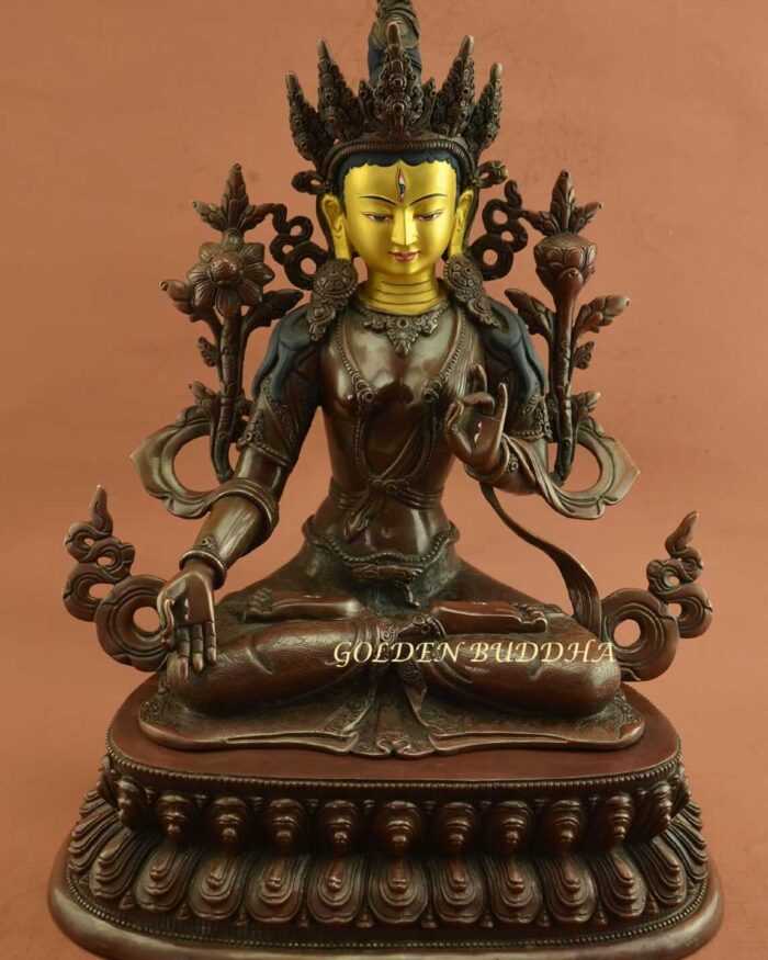 Oxidized Copper 15.5" Beautiful Dolkar Sculpture, Gold Face Painted, Fine Hand Carved Details - Gallery