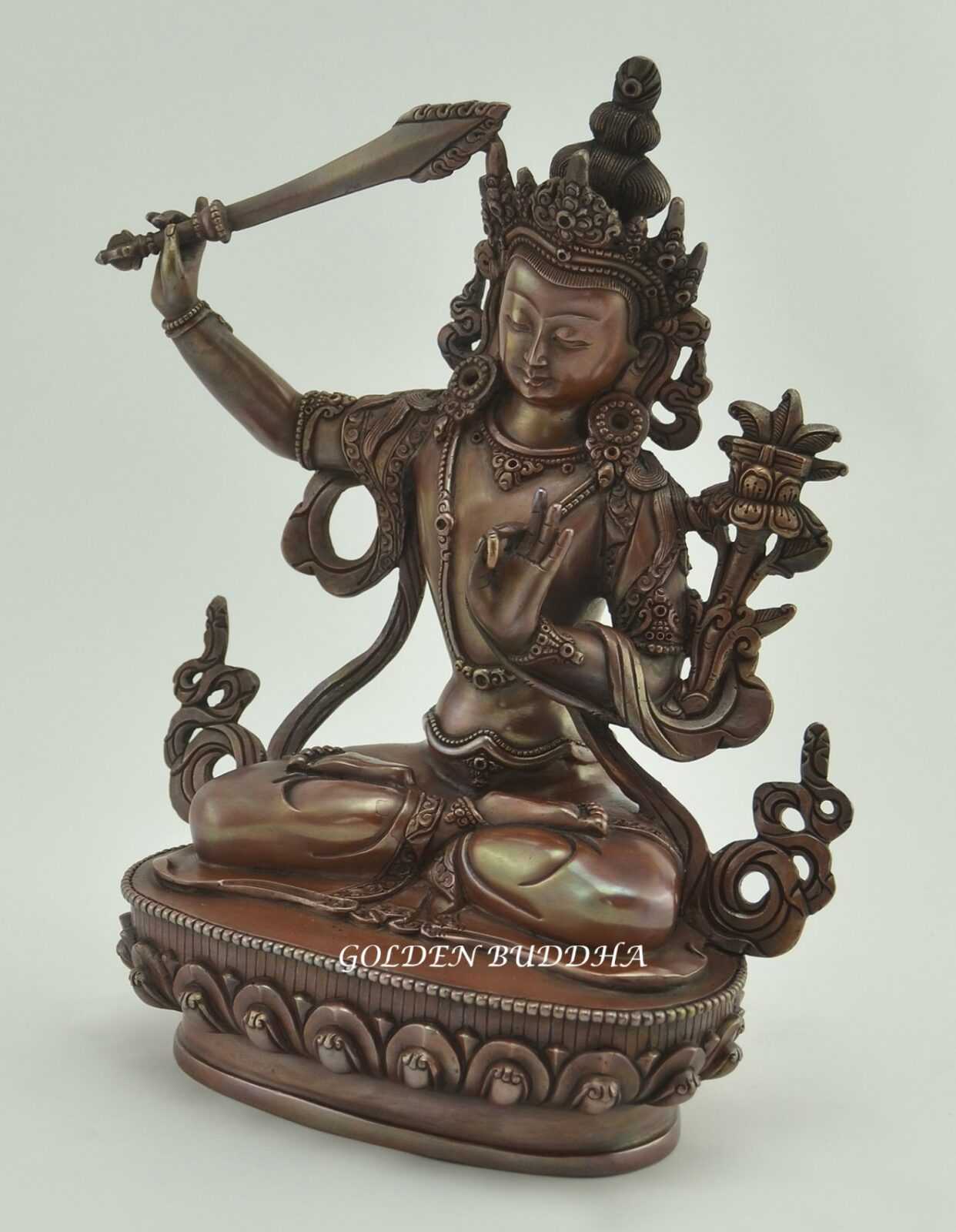 Oxidized Copper 9" Tibetan Jampelyang Statue, Fine Hand Carved Details - Left
