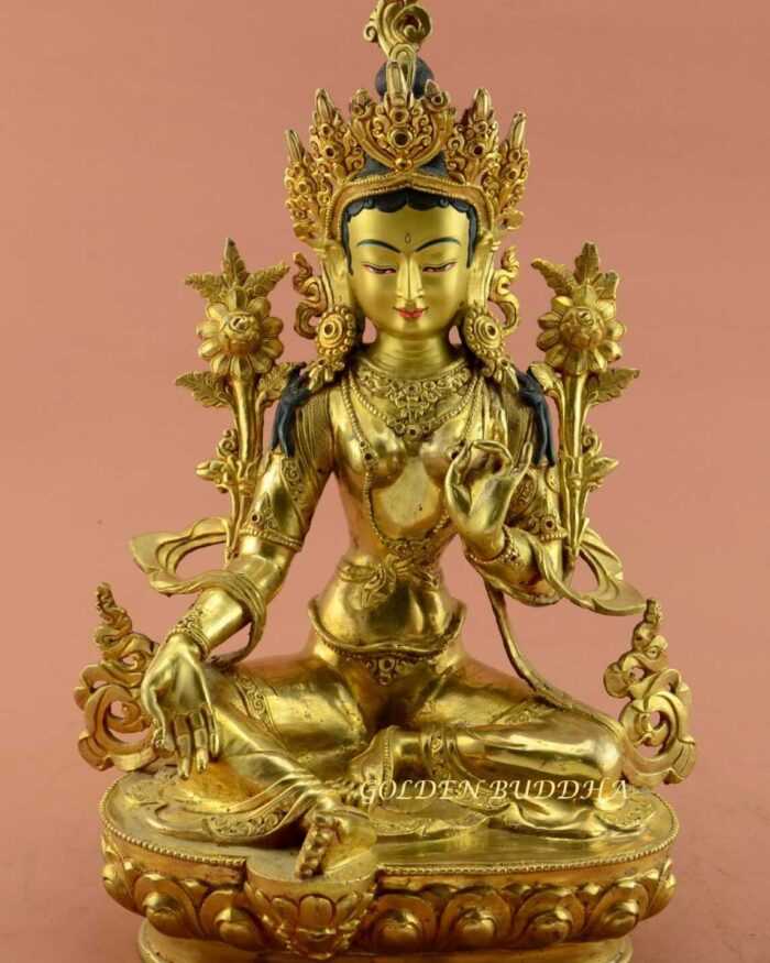 Fully Gold Gilded 13.25" Jetsun Dolma Sculpture, Gold Face Painted, Fire Gilded 24K Finish - Gallery