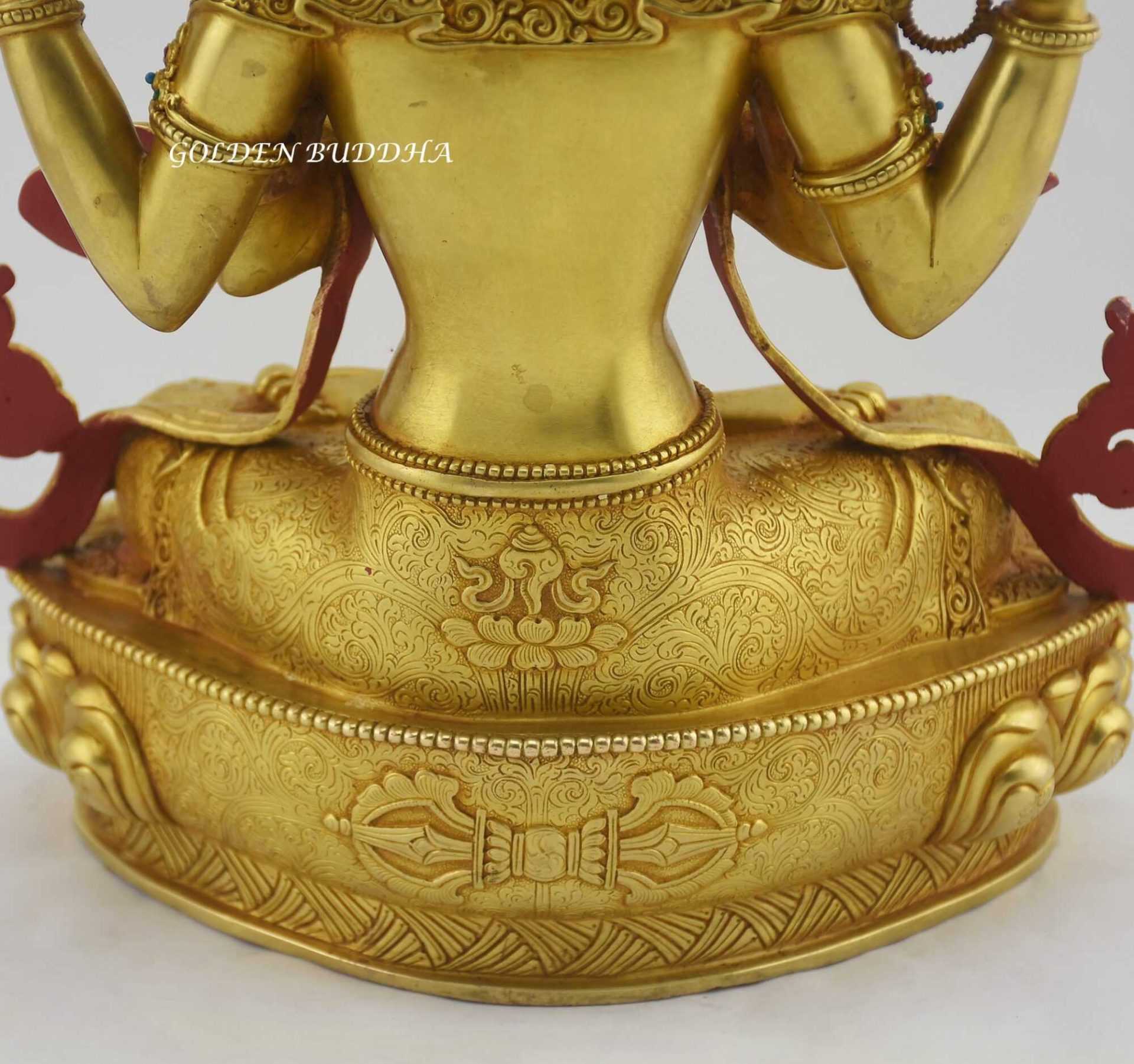 Fully Gold Gilded 13.75" Chenrezig Bodhisattva Statue, Antiquated, Fire Gilded 24k Gold Finish (Custom Order) - Lower Back