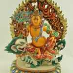 Gold Gilded, Multicolored 14" Yellow Dzambhala Sculpture with Snow Lion Mount, Hand Painted - Gallery