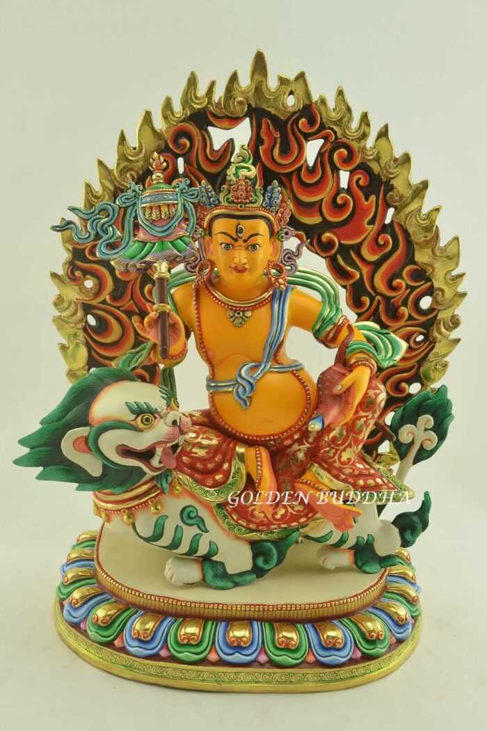 Gold Gilded, Multicolored 14" Yellow Dzambhala Sculpture with Snow Lion Mount, Hand Painted - Gallery