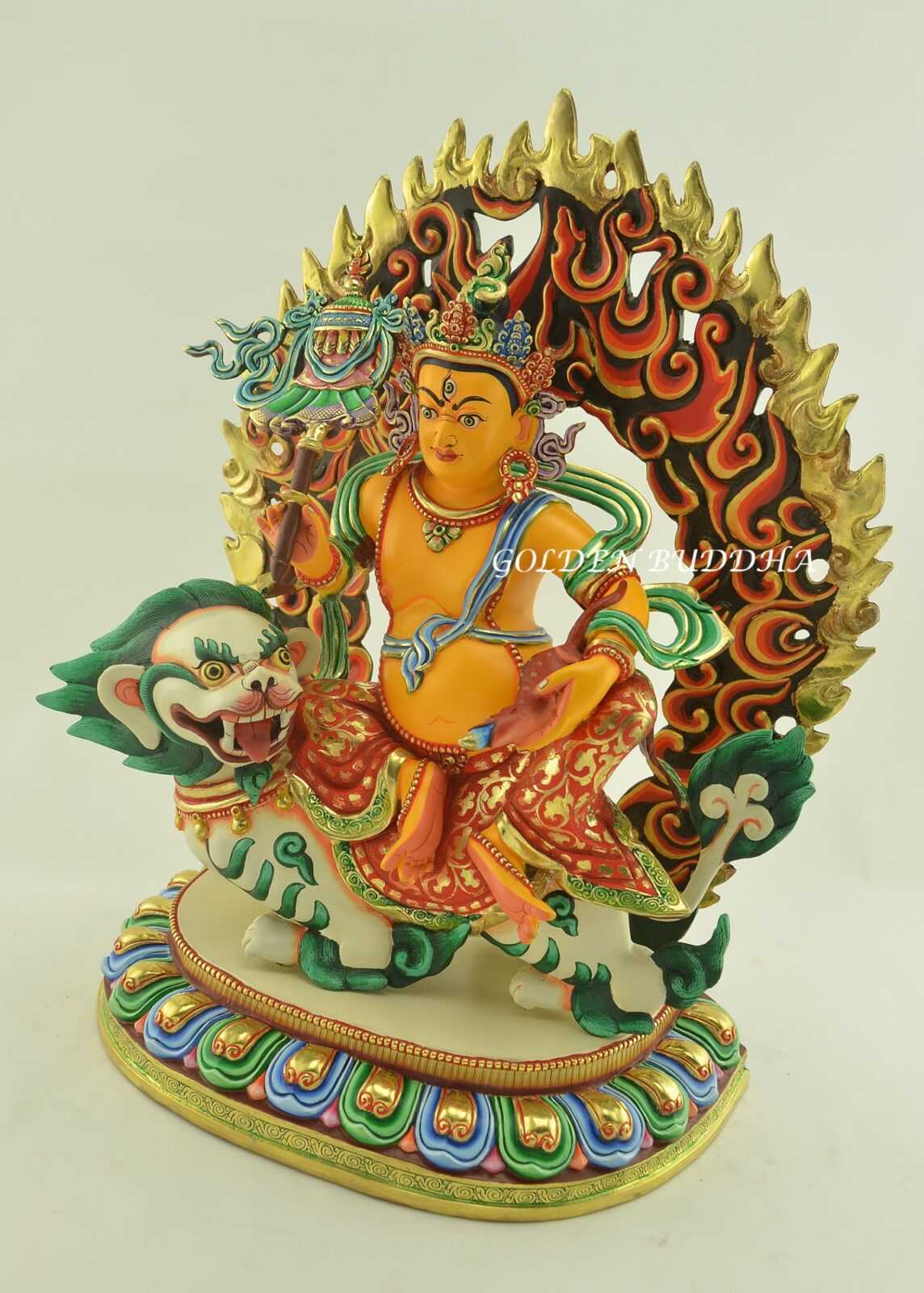 Gold Gilded, Multicolored 14" Yellow Dzambhala Sculpture with Snow Lion Mount, Hand Painted - Left