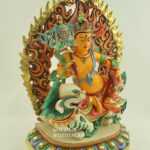 Gold Gilded, Multicolored 14" Yellow Dzambhala Sculpture with Snow Lion Mount, Hand Painted - Right