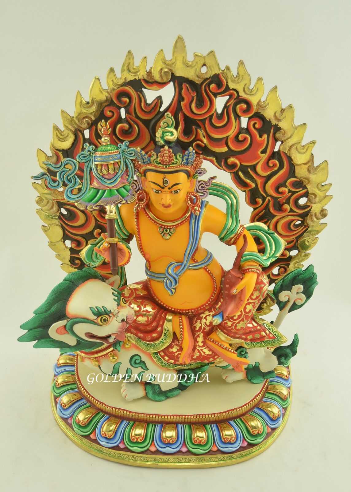 Gold Gilded, Multicolored 14" Yellow Dzambhala Sculpture with Snow Lion Mount, Hand Painted - Upper View