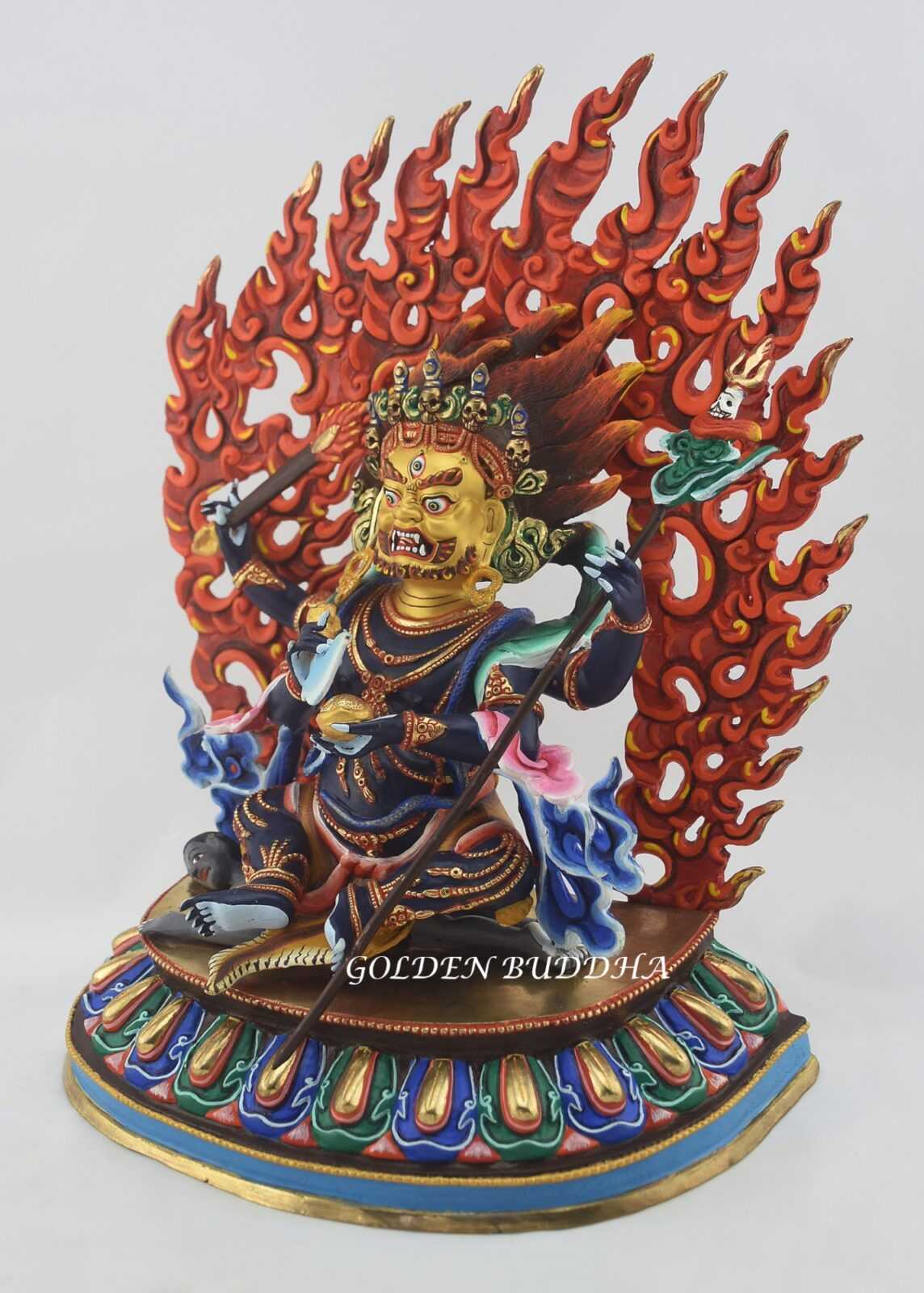 Partly Gold Gilded Multicolored 13.5&quot; Chuchepa Mahakala Sculpture, Hand Painted - Left