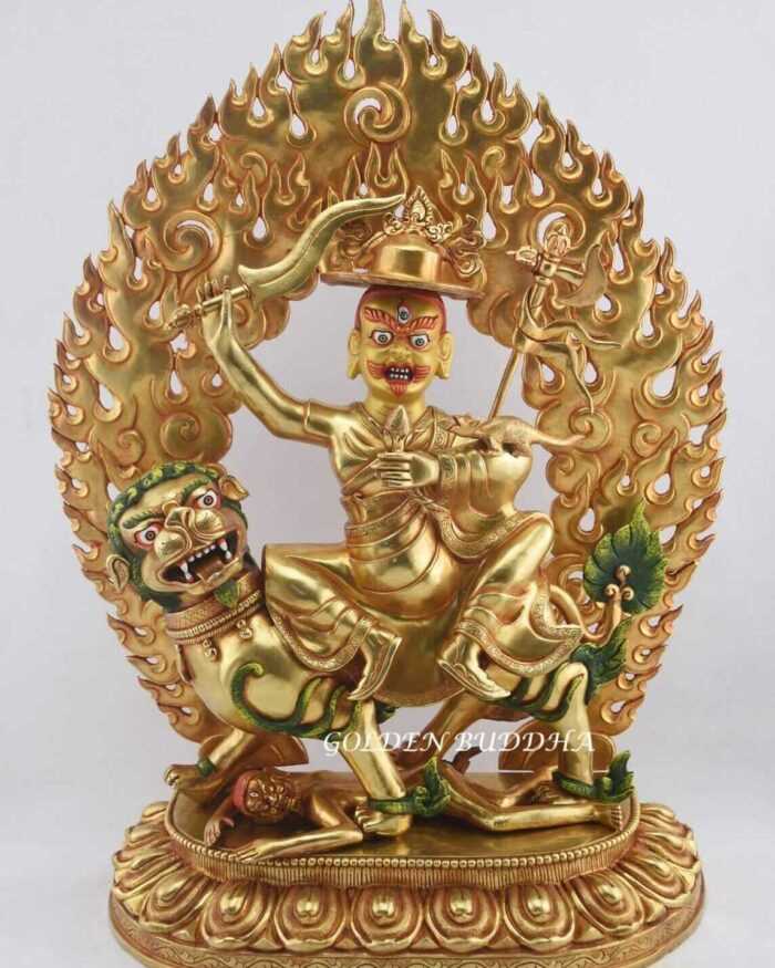 Fully Gold Gilded 22" Nepali Dorje Shugden Statue, Fire Gilded 24k Gold Finish, Handmade - Gallery