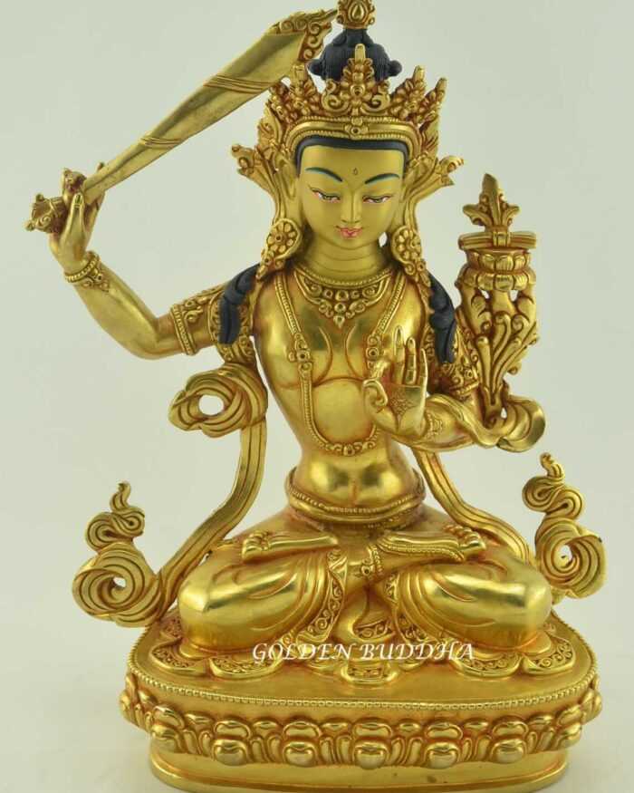 Fully Gold Gilded 9.5" Manjushri Statue On Sale, Fire Gilded 24k Gold Finish, Handmade - Gallery