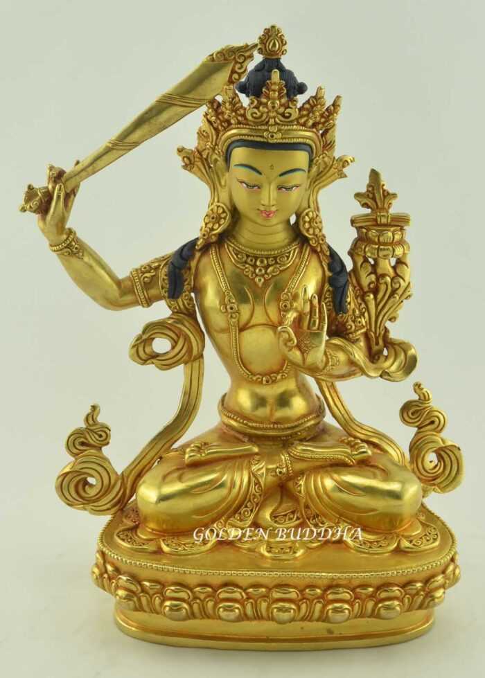 Fully Gold Gilded 9.5" Manjushri Statue On Sale, Fire Gilded 24k Gold Finish, Handmade - Gallery