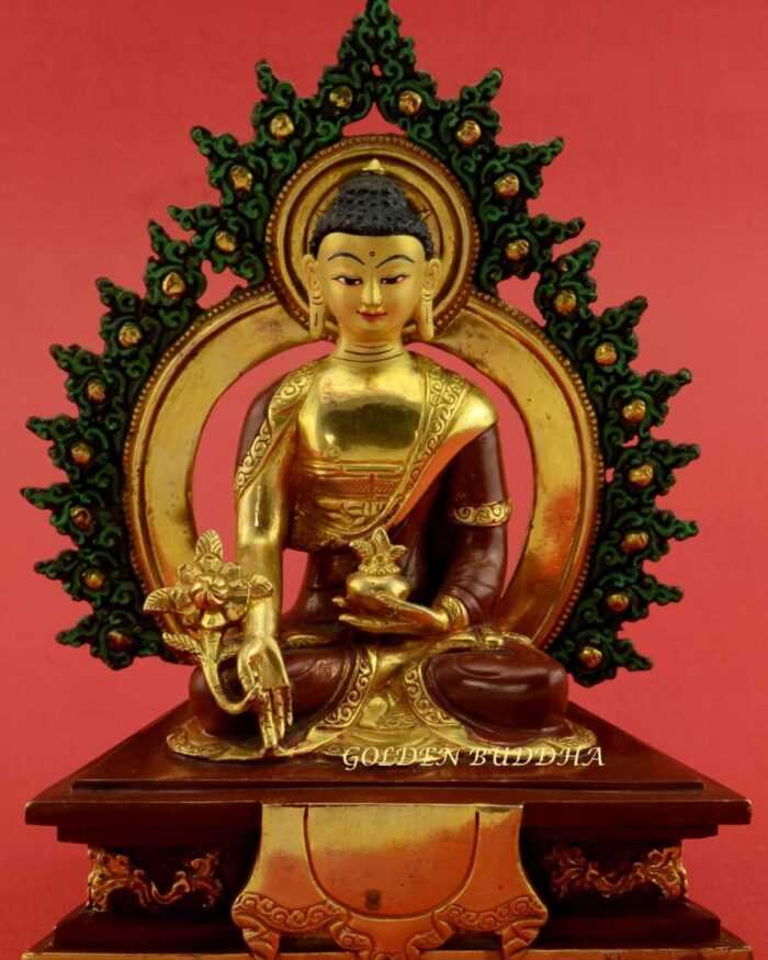 Gold Gilded 7" Framed Medicine Buddha Statue, Fire Gilded 24k Gold Finish, Hand Face Painted - Gallery