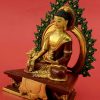 Gold Gilded 7" Framed Medicine Buddha Statue, Fire Gilded 24k Gold Finish, Hand Face Painted - Left