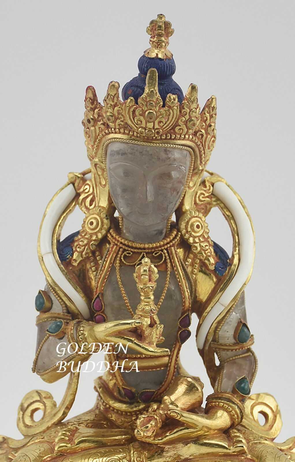 Gold Gilded 9" Nepali Vajrasattva Sculpture, Crystal Body, Semi-Precious Stones - Front Details