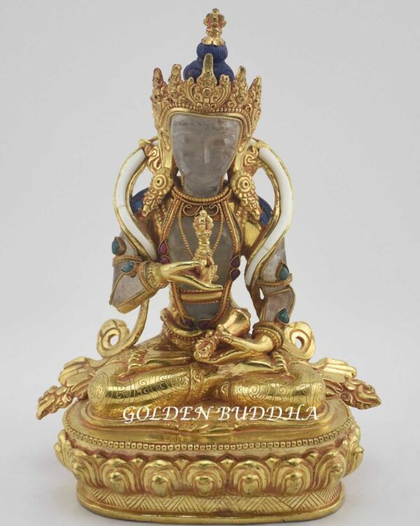 Gold Gilded 9" Nepali Vajrasattva Sculpture, Crystal Body, Semi-Precious Stones - Gallery