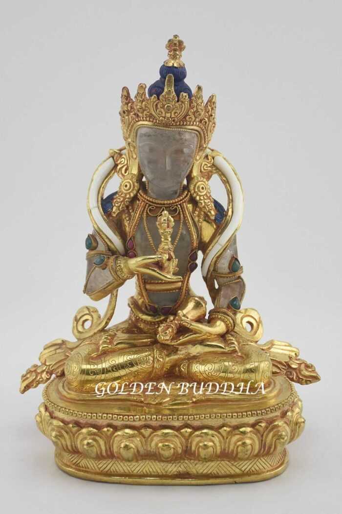 Gold Gilded 9" Nepali Vajrasattva Sculpture, Crystal Body, Semi-Precious Stones - Gallery