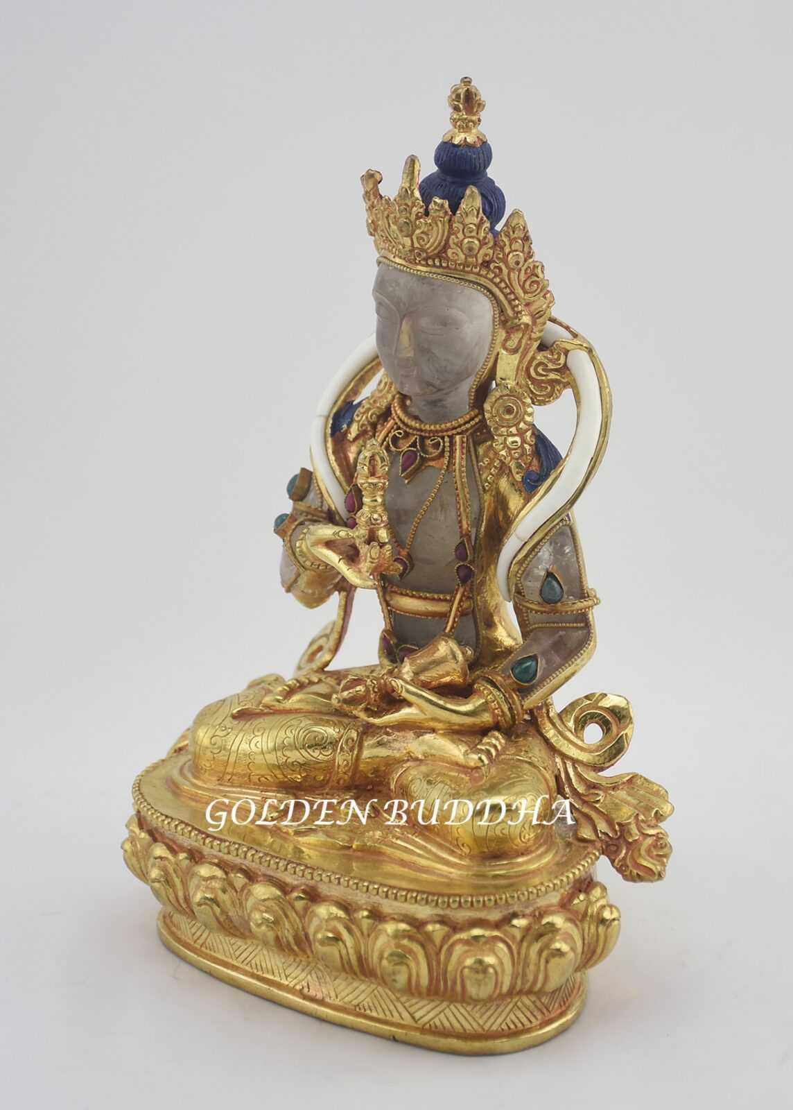 Gold Gilded 9" Nepali Vajrasattva Sculpture, Crystal Body, Semi-Precious Stones - Left