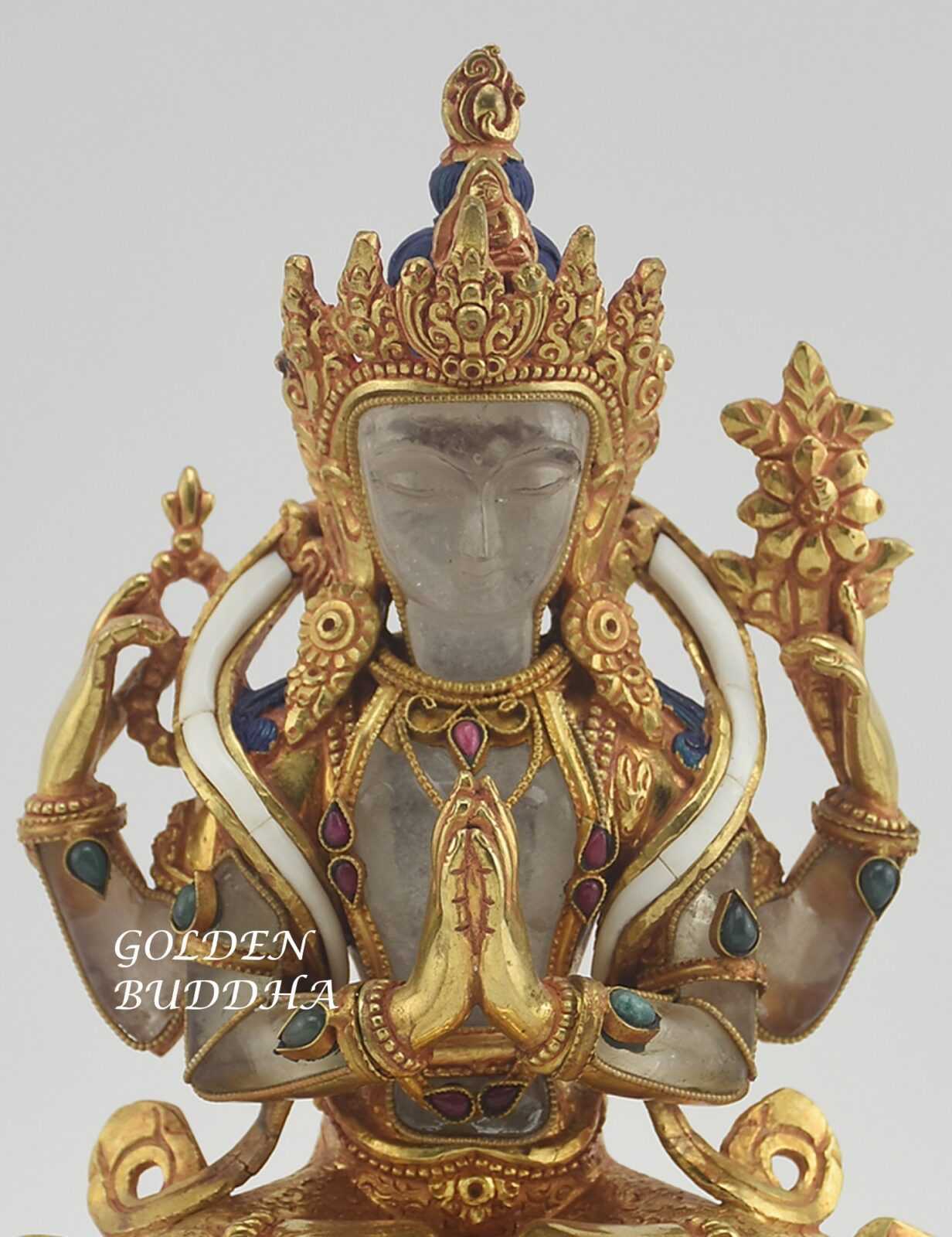 Gold Gilded 8.75" Tibetan Avalokiteshvara Sculpture, Crystal Body, Semi-Precious Stones, 24K Gold Finish - Front Details