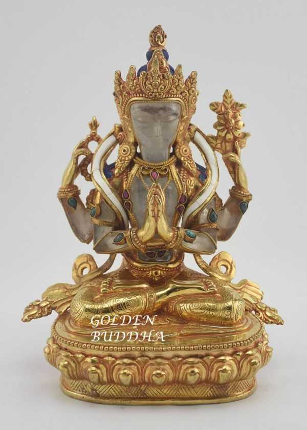 Gold Gilded 8.75" Tibetan Avalokiteshvara Sculpture, Crystal Body, Semi-Precious Stones, 24K Gold Finish - Gallery