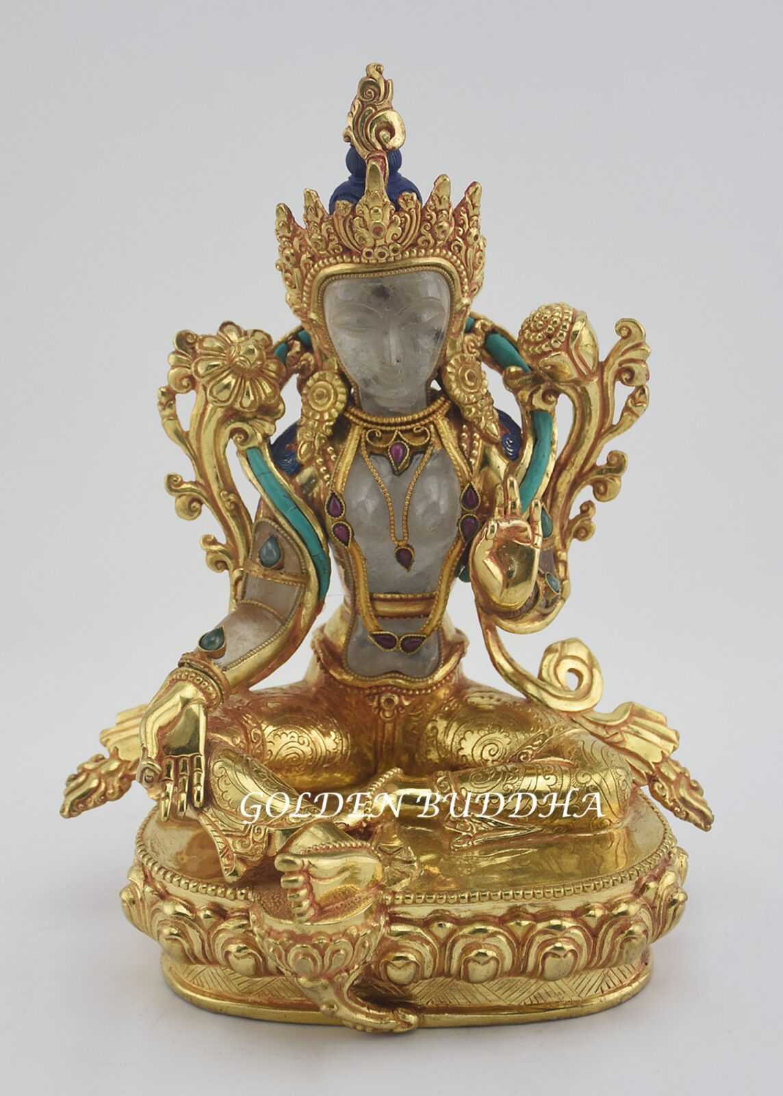 Gold Gilded 9" Nepali Dolma Statue, Crystal Body, Semi-Precious Stones, Fire Gilded 24K Finish - Gallery
