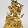 Fully Gold Gilded 9.5" Nepali White Tara Sculpture for Sale, 24K Gold Finish, Double Pedestal - Left