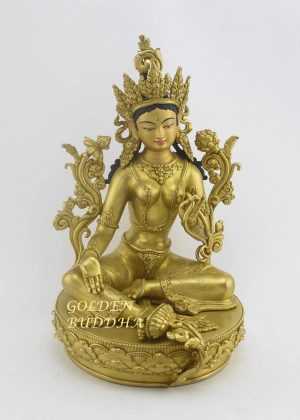 Fully Gold Gilded 14" Jetsun Dolma Statue, Hand Carving, Gold Face Painted - Gallery