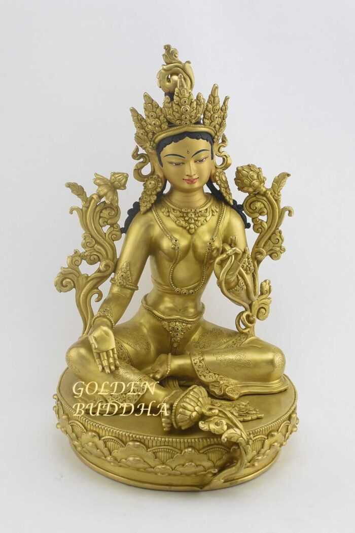 Fully Gold Gilded 14" Jetsun Dolma Statue, Hand Carving, Gold Face Painted - Gallery