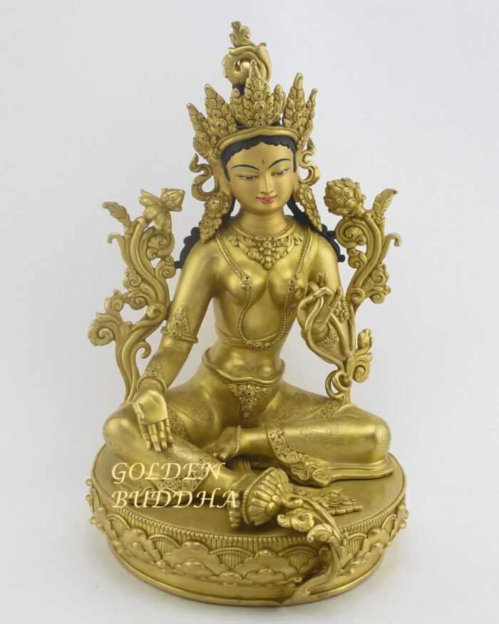 Fully Gold Gilded 14" Jetsun Dolma Statue, Hand Carving, Gold Face Painted - Gallery