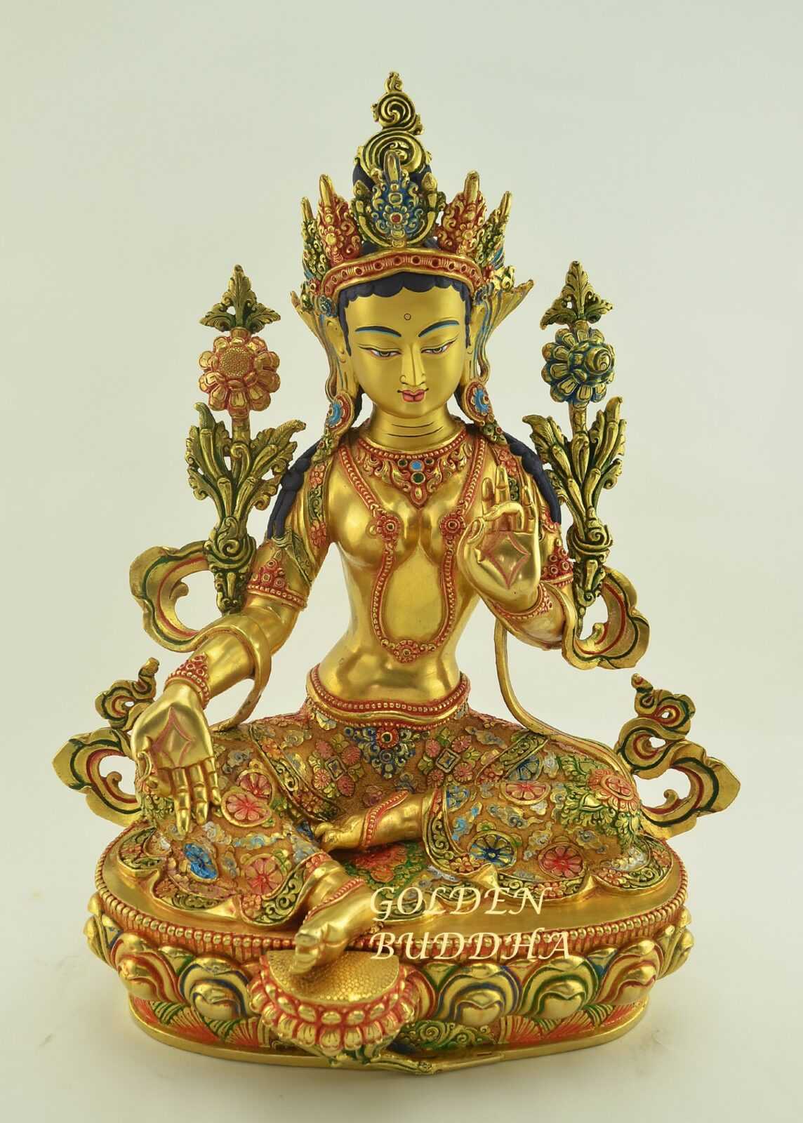 Fully Gold Gilded 14&quot; Masterpiece Green Tara Sculpture, Hand Carving, Hand Painted Face, Fire Gilded 24K Gold - Gallery