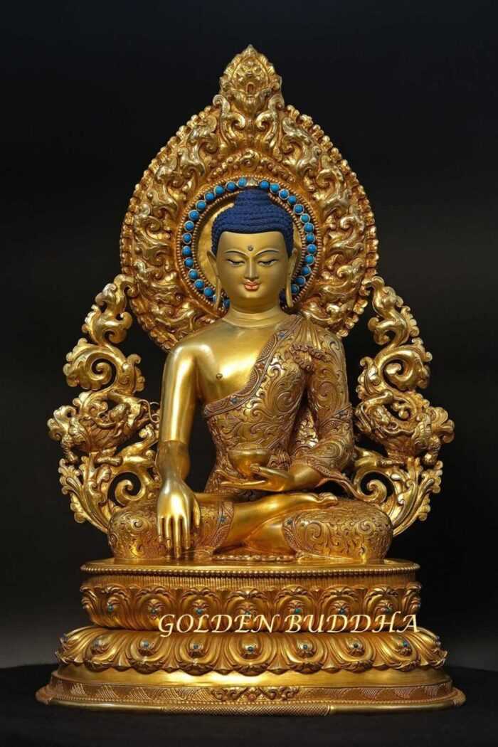 Fully Gold Gilded 42cm Masterpiece Shakyamuni Sculpture, Turquoise, Red Coral, FINE Engravings - Gallery