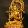 Fully Gold Gilded 48cm Masterpiece Maitreya Sculpture, Embedded Stones, Gold Face Painted - Left Angle