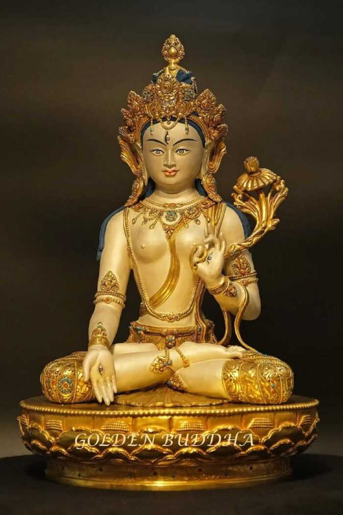Gold Gilded 42cm Silver Moon White Tara Statue, Embedded with Turquoise and Red Coral Stones - Gallery
