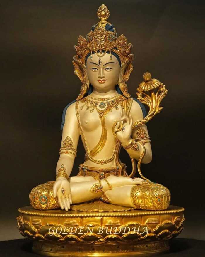 Gold Gilded 42cm Silver Moon White Tara Statue, Embedded with Turquoise and Red Coral Stones - Gallery