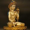 Gold Gilded 42cm Silver Moon White Tara Statue, Embedded with Turquoise and Red Coral Stones - Right Angle