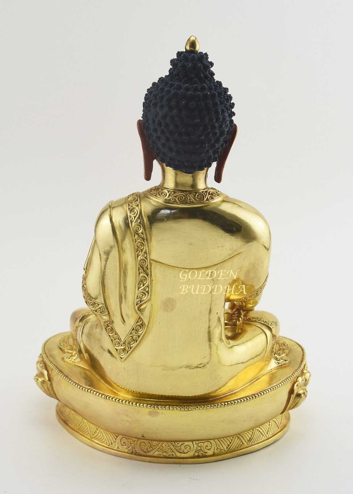 Fully Gold Gilded 12.5" Shakyamuni Buddha Sculpture, Fine Detail, Hand Face Painted - Back