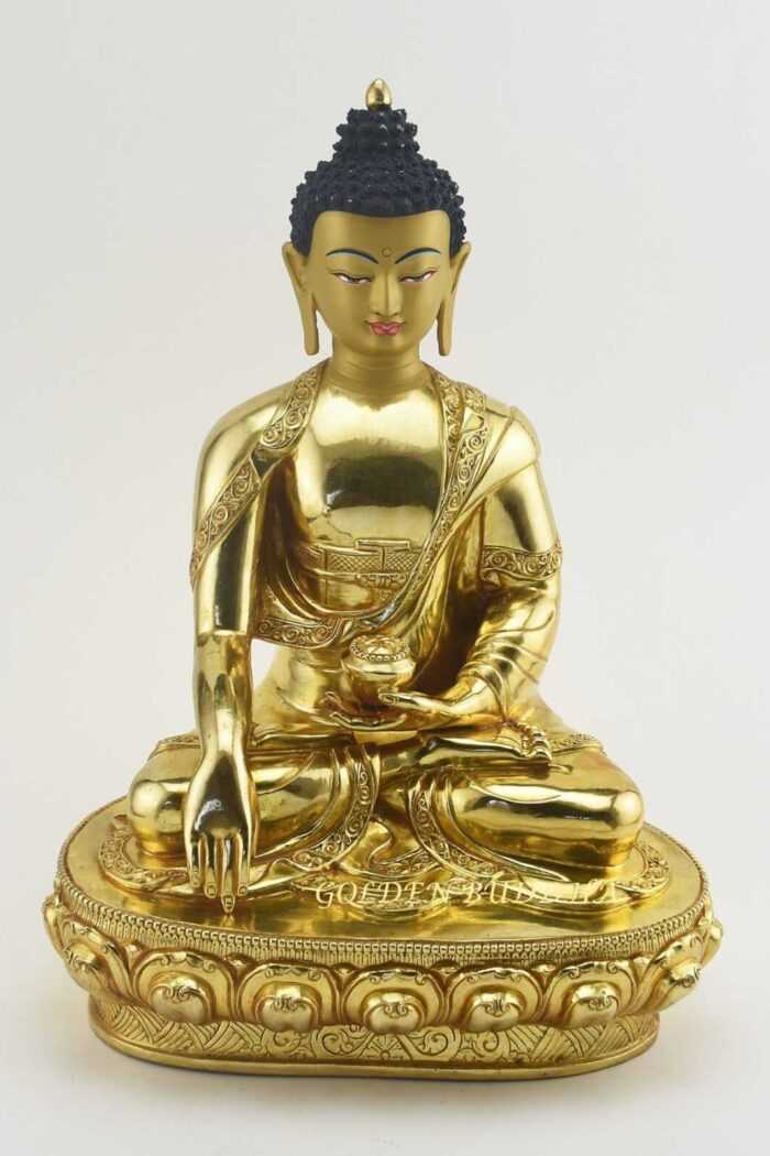 Fully Gold Gilded 12.5" Shakyamuni Buddha Sculpture, Fine Detail, Hand Face Painted - Gallery