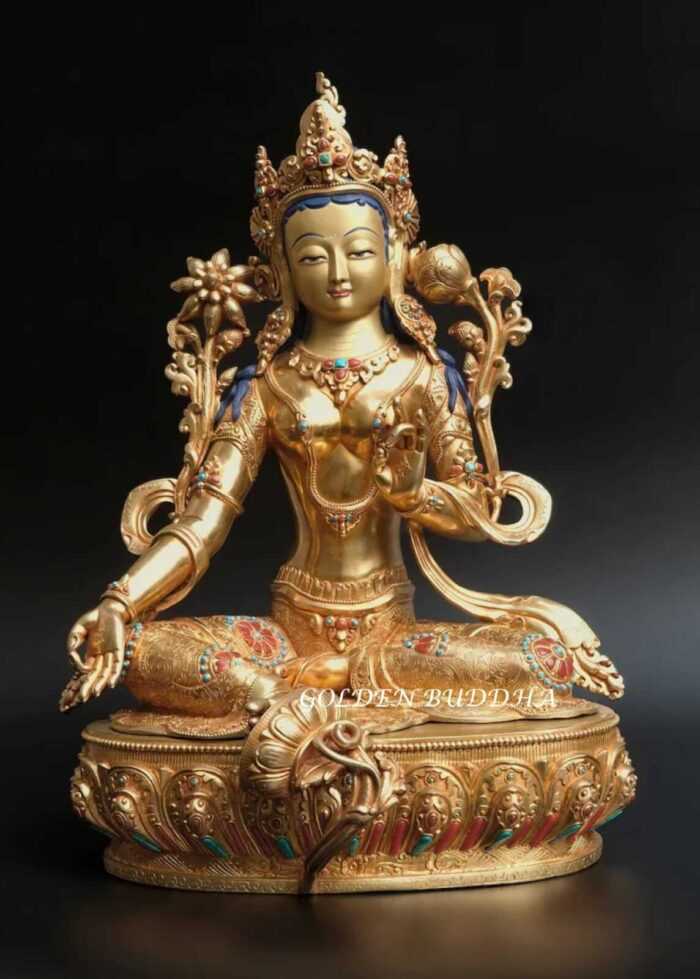 Fully Gold Gilded 45cm Masterpiece Green Tara Statue, Embedded Turquoise and Red Coral - Gallery