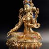 Fully Gold Gilded 45cm Masterpiece Green Tara Statue, Embedded Turquoise and Red Coral - Left