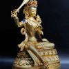 Fully Gold Gilded 52cm Masterpiece Manjushri Statue, Beautiful Engravings, Embedded Stones - Right Angle