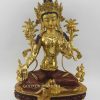 14.25" Nepali Green Tara Statue for Sale, Hand Painted Face, Fire Gilded 24k Gold Finish - Stones Inserted