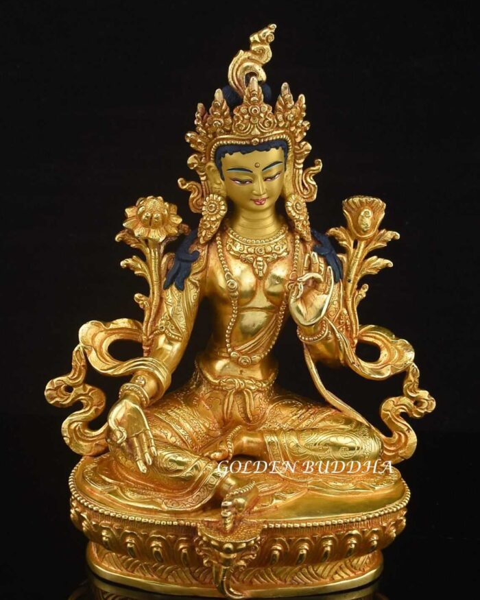 9" Green Tara Statue for Sale, Beautiful Hand Carved, Jestun Dolma, Fire Gilded 24K Finish - Gallery