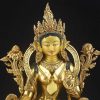 Fully Gold Gilded 18.5" Khadiravani Tara Statue, Embedded Turquoise and Red Coral - Face Details