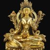 Fully Gold Gilded 18.5" Khadiravani Tara Statue, Embedded Turquoise and Red Coral - Gallery