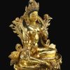 Fully Gold Gilded 18.5" Khadiravani Tara Statue, Embedded Turquoise and Red Coral - Right