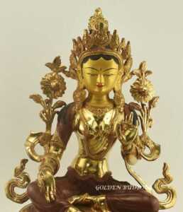 Tibetan Khadiravani Statue, 18.5", Hand Painted Face, Fire Gilded 24k Gold Finish - Front Details