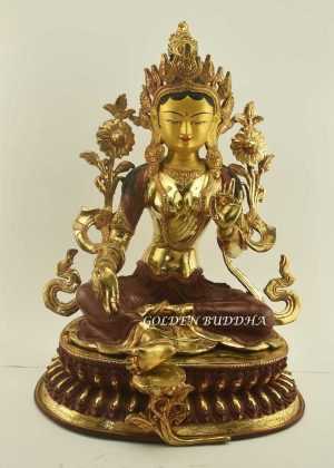 Tibetan Khadiravani Statue, 18.5", Hand Painted Face, Fire Gilded 24k Gold Finish - Gallery