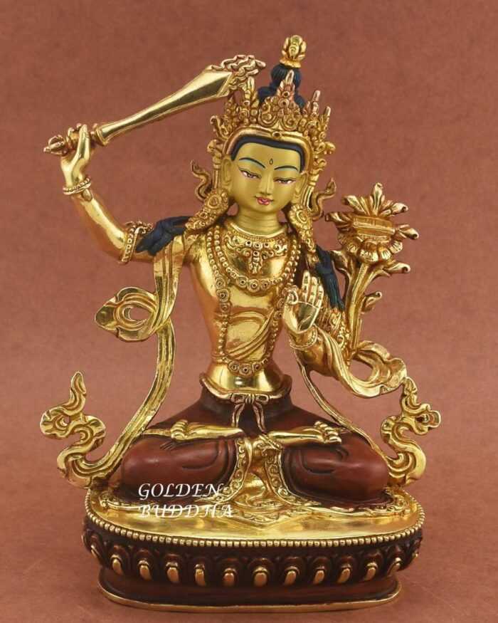 8.5" Handmade Manjushri Statue, Traditional Sculpture, Fine Details, Made in Patan, Nepal - Gallery